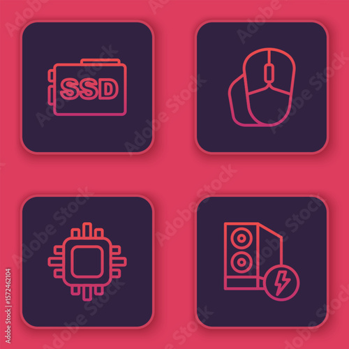 Set line SSD card, Processor with CPU, Computer mouse and Case of computer. Blue square button. Vector