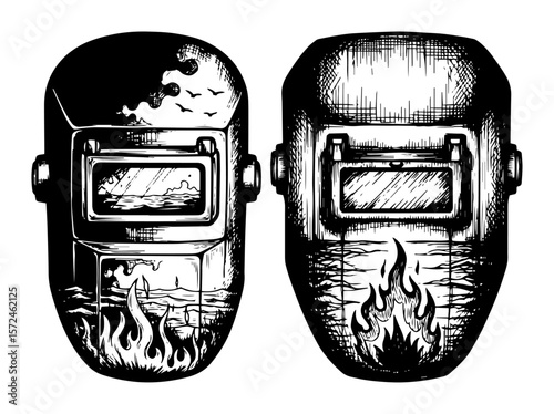 surreal welding masks with double exposure of sea and fire concept vector pattern shape