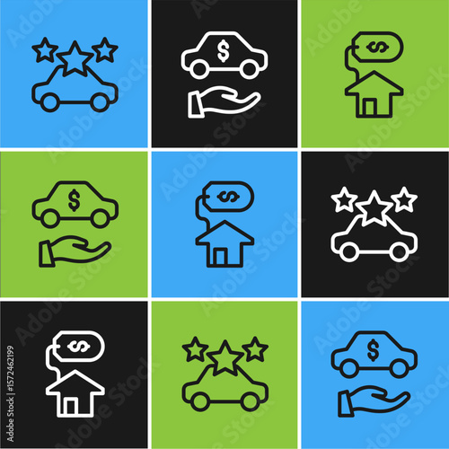 Set line Car sharing, House with dollar and rental icon. Vector
