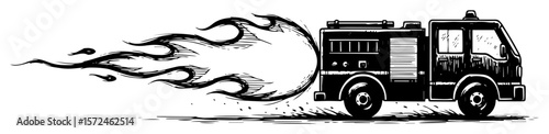 speeding fire truck with fiery trailing flames emergency response hand drawn vector