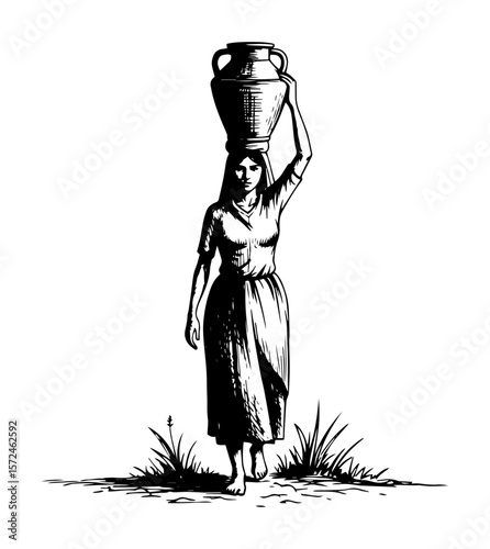rural village woman balancing water jar on head daily life hand drawn vector illustration