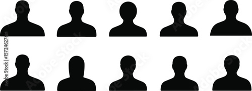 Silhouette avatar icons of male heads, blank profile picture set, black vector people icons, anonymous person shapes, user identification symbols flat vector illustration