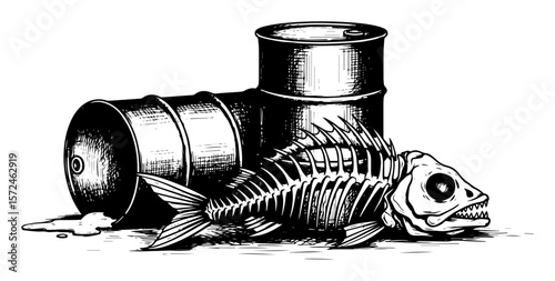 dead fish skeleton near leaking toxic barrels warning of water pollution vector illustration