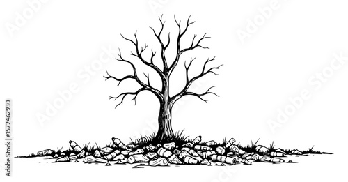leafless tree standing on cracked rocky ground symbolizing drought and climate change vector illustration