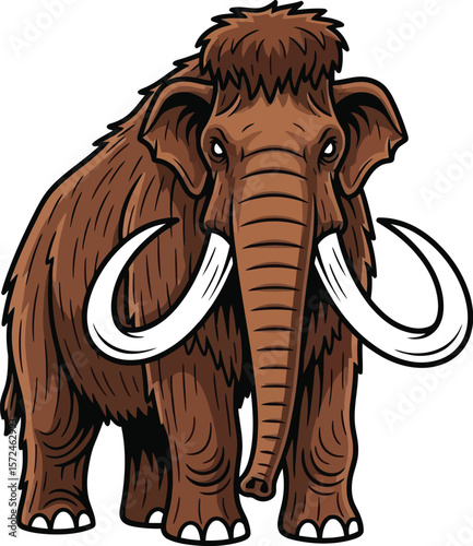 Cartoon illustration of a woolly mammoth with large white tusks