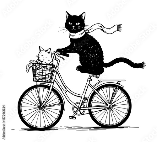 funny cat riding bicycle cartoon sketch