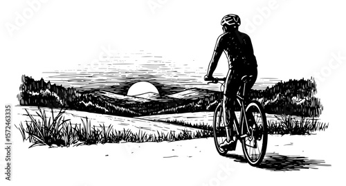 cyclist riding bike in countryside landscape at sunset sketch
