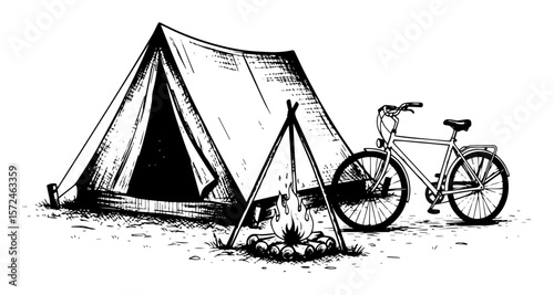 bike camping with tent and campfire sketch