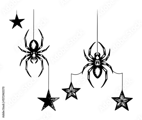 hanging spiders and stars halloween decoration gothic insect tattoo vector pattern shape