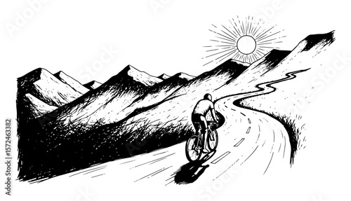 cyclist riding on mountain road at sunrise outdoor adventure sketch vector pattern shape
