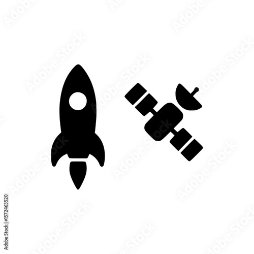Black silhouette icons of a rocket and satellite on a white background
