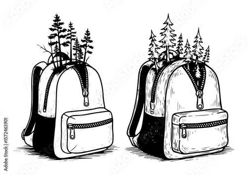 travel backpack with forest inside for hiking and adventure concept vector pattern shape