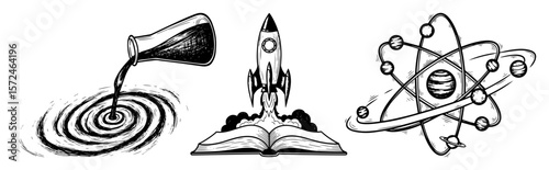 creative science education icons including rocket book atom and experiment illustration