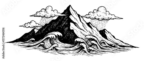 surreal landscape with mountain and sea waves combined nature power vector pattern shape