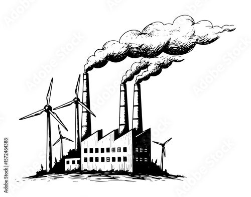 factory with wind turbines clean vs polluting energy concept sketch vector pattern shape