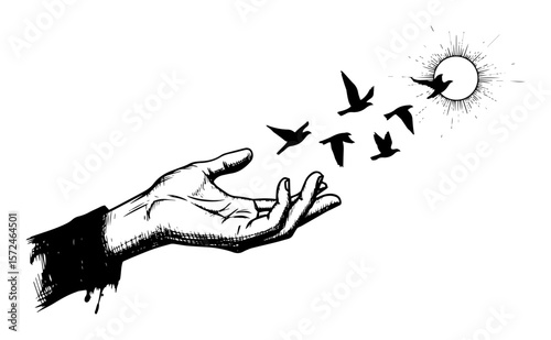 hand releasing birds to the sun freedom concept sketch