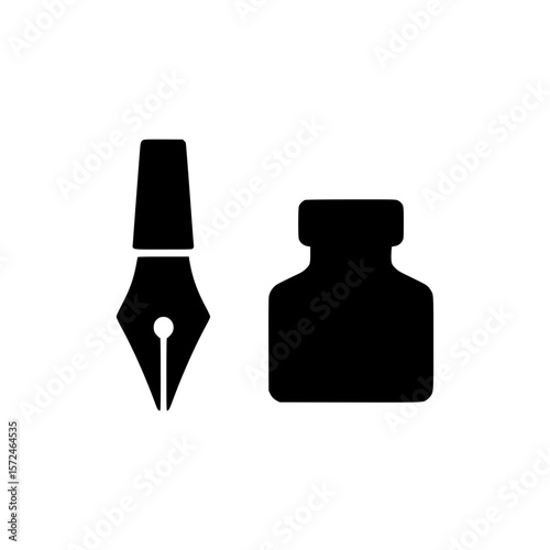 Black silhouette of a fountain pen nib and ink bottle on white background
