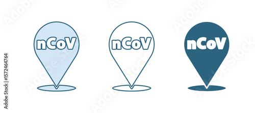 Blue Corona virus 2019-nCoV on location icon isolated on white background. Bacteria and germs, cell cancer, microbe, fungi. Vector