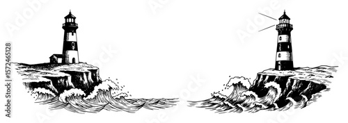 rocky island lighthouse with crashing waves engraving