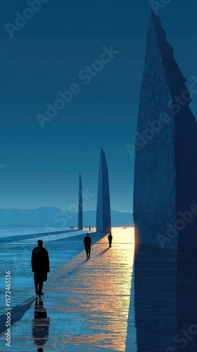 Silhouettes Walking Past Tall Blue Obelisks at Sunset