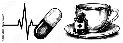 medical concept with heartbeat pill and medicine vector set