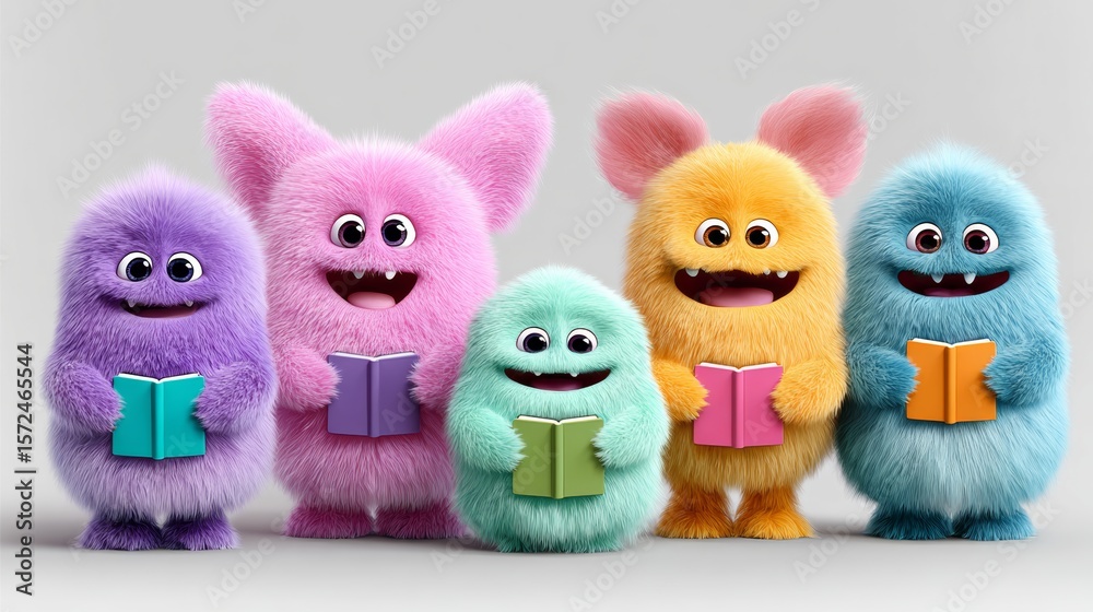 Obraz premium Group of colorful stuffed animals are holding books and smiling. Concept of joy and playfulness, as the animals seem to be enjoying their time reading. The bright colors of the animals