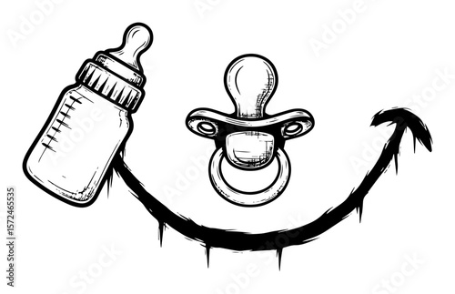 baby bottle and pacifier with devil tail playful illustration