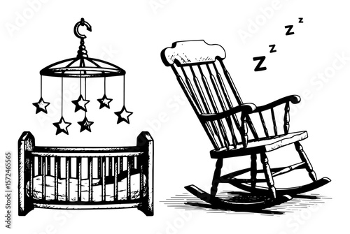 rocking chair and crib nursery sleep scene illustration