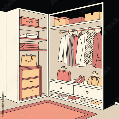 Chic Corner Closet: An illustration of a beautifully organized corner closet, showcasing the art of stylish storage with garments, accessories, and personal items.