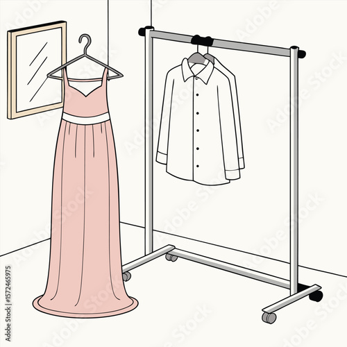 Dressing Room Essentials: A minimalist illustration of clothing display in a tidy room, presenting dress and shirt, capturing essential elegance in a clean, artistic space.