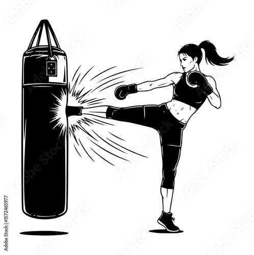 woman kickboxing a punching bag vector illustration