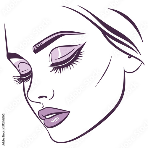 Melancholic Woman Portrait:  A stylish line art portrait of a woman with downcast eyes, conveying a sense of pensive contemplation.