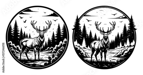 wild deer in forest vintage badge design