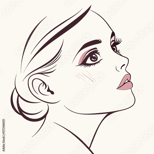 Elegant Gaze: A refined portrait of a woman's face, her eyes looking skyward with a look of gentle curiosity and serenity. 