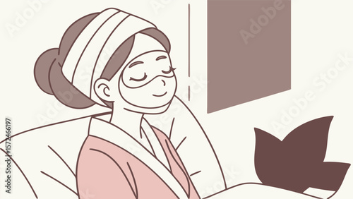 Spa Day Serenity: A woman enjoys a moment of tranquil self-care. This illustration evokes a sense of peaceful relaxation and rejuvenation, perfect for wellness and beauty themes.