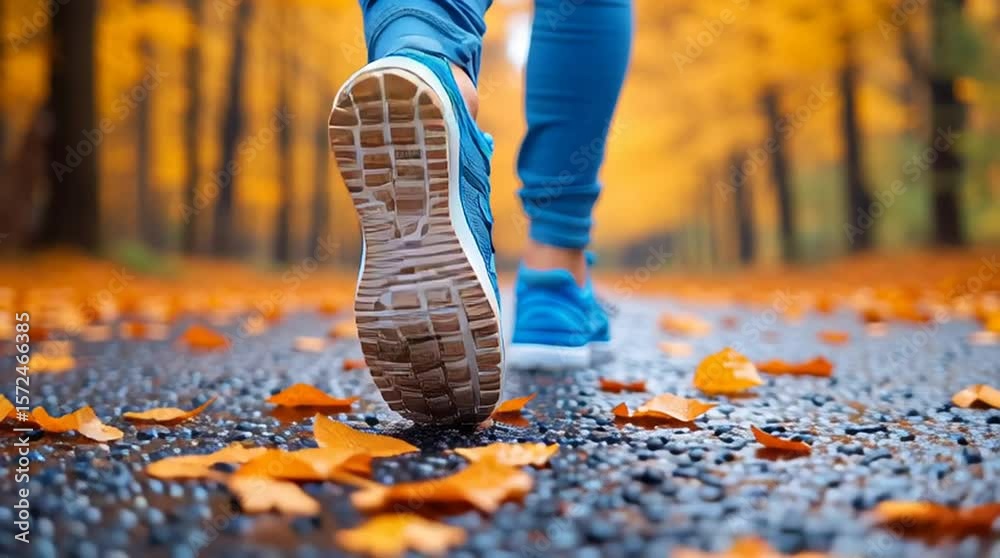Walking in blue sneakers on autumn path covered with colorful leaves, close-up feet motion