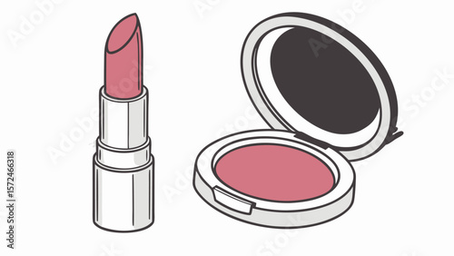 Cosmetics Set: A minimalist illustration showcasing a lipstick and compact makeup, symbolizing the essentials of beauty and personal care.
