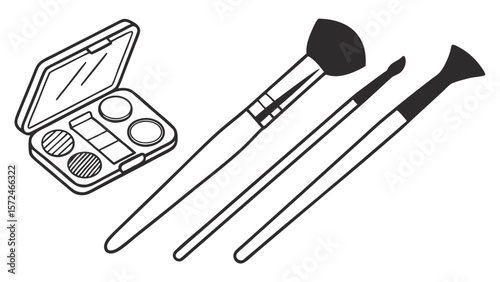 Artistic Make-Up Essentials: A minimalist illustration of essential make-up tools against a clean canvas. Featuring a compact palette, eye shadow, brush and applicators to craft a classic beauty.