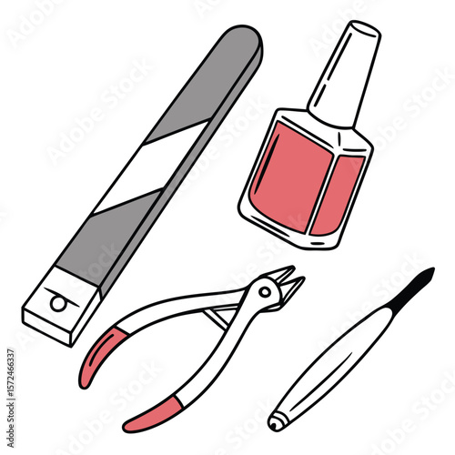 Manicure Essentials: A minimalist still life featuring a nail file, nail polish, cuticle pusher, and clippers, ideal for beauty and grooming visuals.