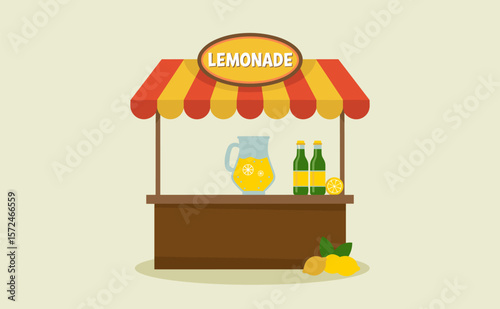 Flat Illustration Of Lemonade Stand with Pitcher and Bottles