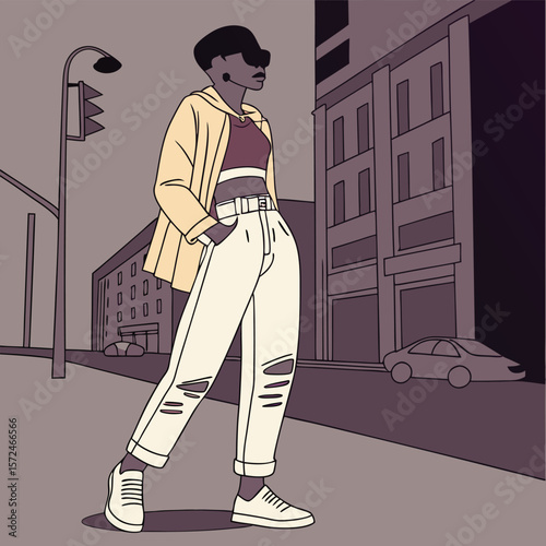 Stylish Woman on City Street: A fashion illustration of a stylish woman with short hair, wearing a yellow jacket and ripped jeans, confidently strolls along a city street.