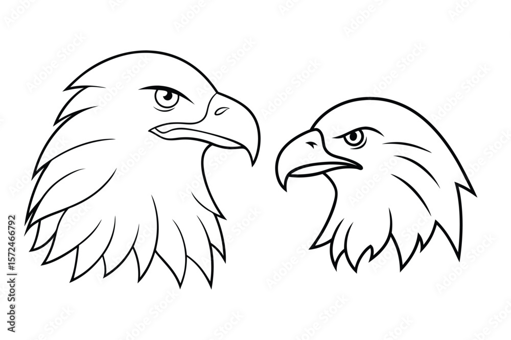 Fototapeta premium Two eagle heads facing each other in black outline bird profile