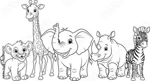 Cartoon animals including lion giraffe elephant rhino and zebra lined up