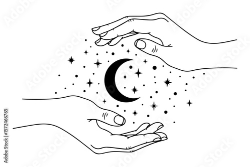 mystical hands holding moon and stars celestial magic vector
