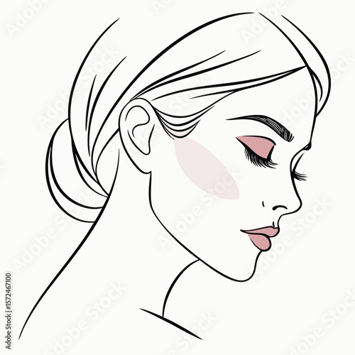 Graceful Silhouette: An elegant line drawing portrays a woman's profile, accentuated by soft blush and delicate makeup, radiating poise and refinement.