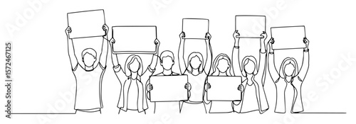 minimal protest group raising blank placards outline illustration