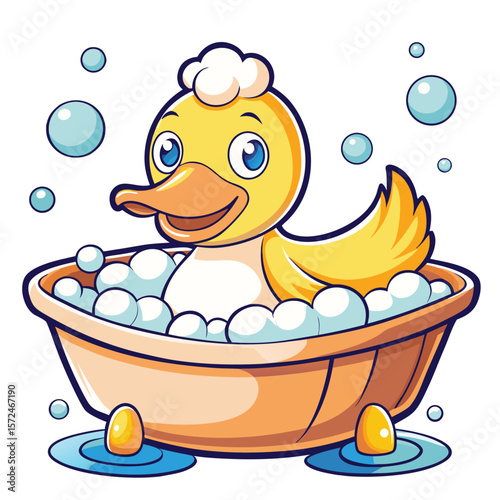 A cartoon illustration of a baby boy happily bathing in a blue bathtub filled with water and soap bubbles, playing with a toy duck