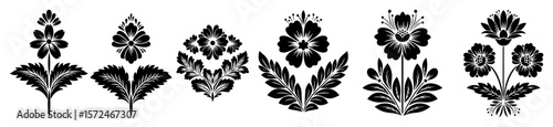 decorative folk art style flowers vector silhouette set