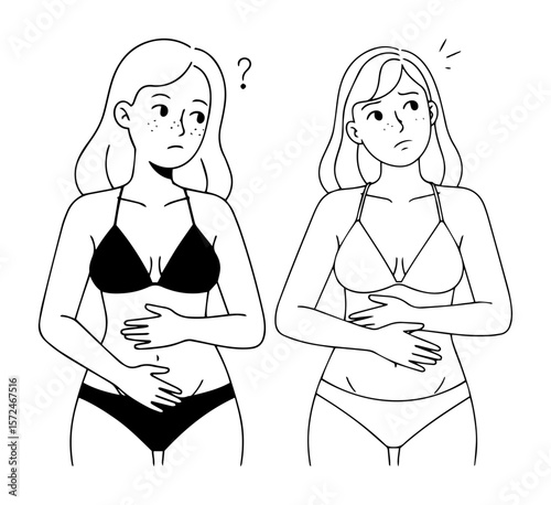 woman holding stomach with discomfort cartoon
