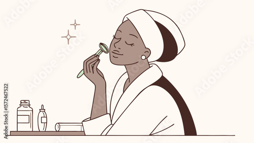 Serene Ritual: A woman finds peace in her daily skincare routine, using a facial roller to rejuvenate her complexion, complemented by essential beauty products.